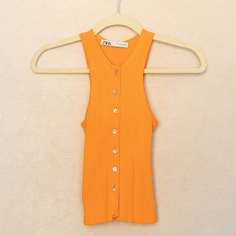 Zara Small Orange Stretch Rib Knit Button Tank Vest